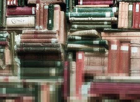 alte Bücher, die sich in Pixel auflösen