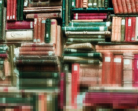 de vieux livres qui se dissolvent en pixel